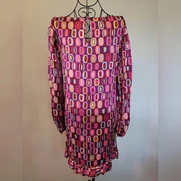 100% Silk dress retro psychedelic colorful ruffle trim romantic Geometric Sz 10 - Picture 2 of 8